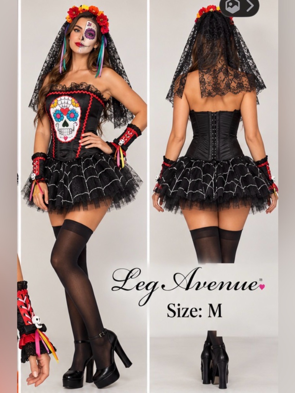Leg Avenue Sugar Skull Bustier Costume Set Black/Red/White Size M Halloween